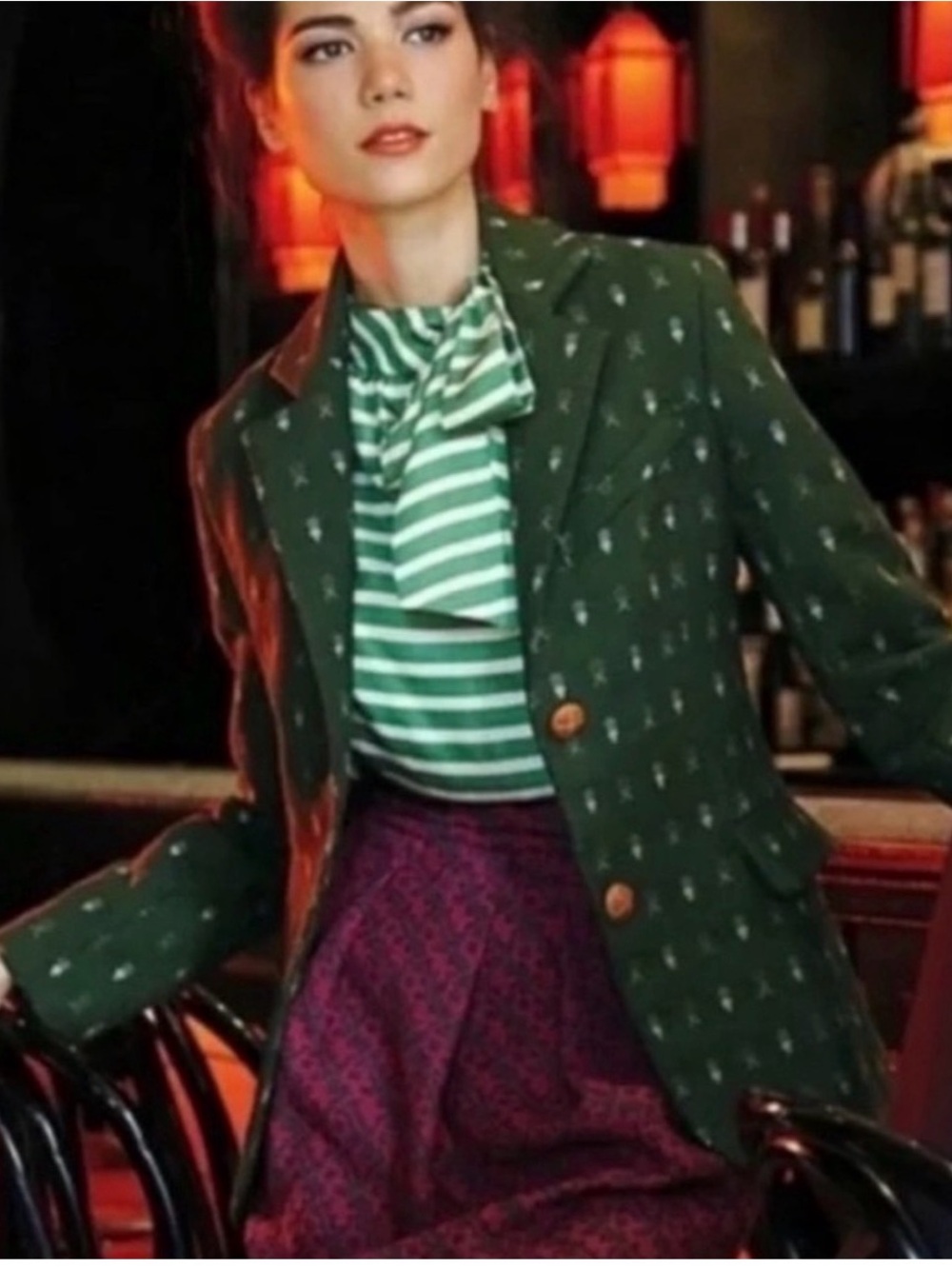 Anthropologie Madchen Green Geometric Single Breasted Blazer